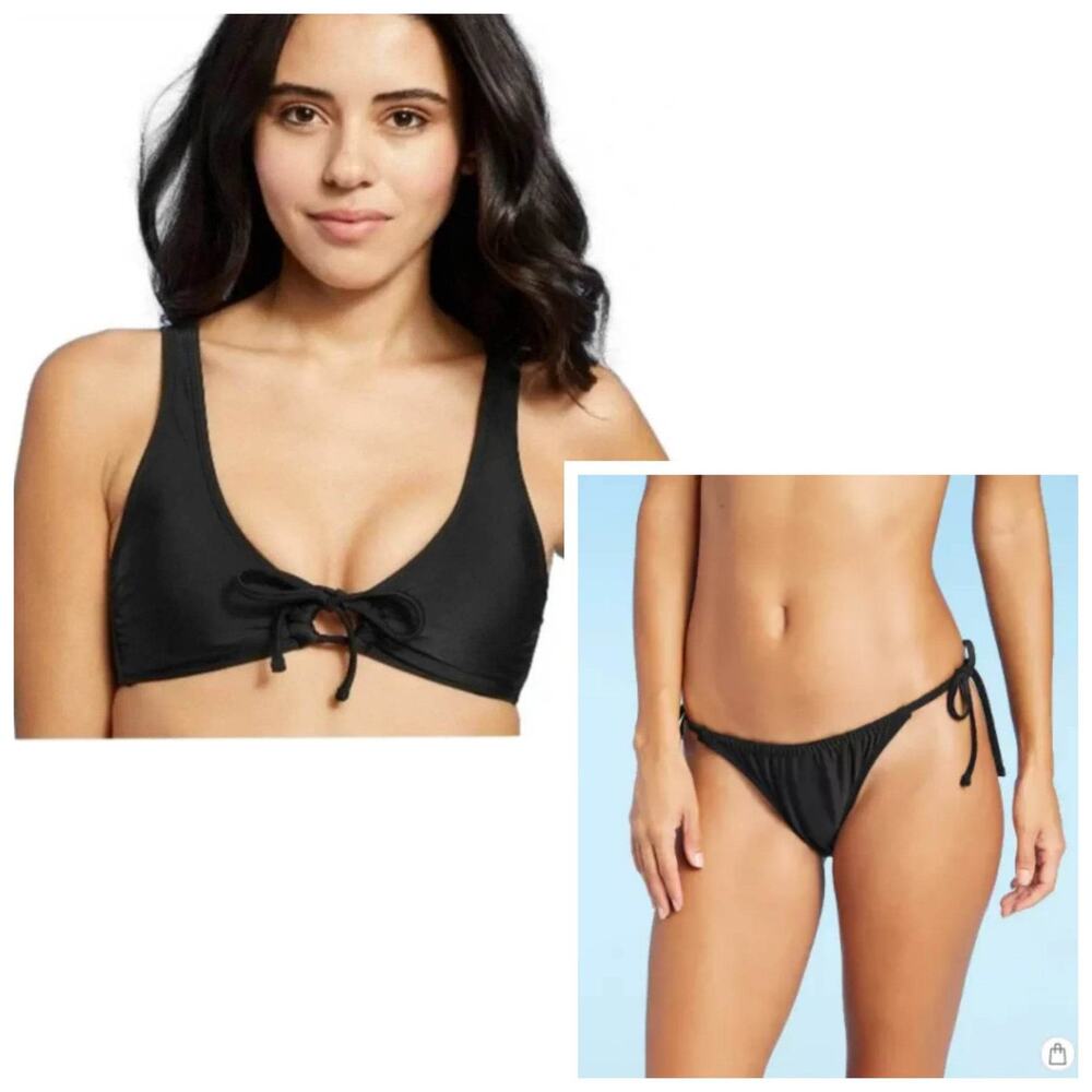 Xhilaration Tie-Front Loop Bralette Bikini Top + High Leg Scoop Bikini Set XS/M